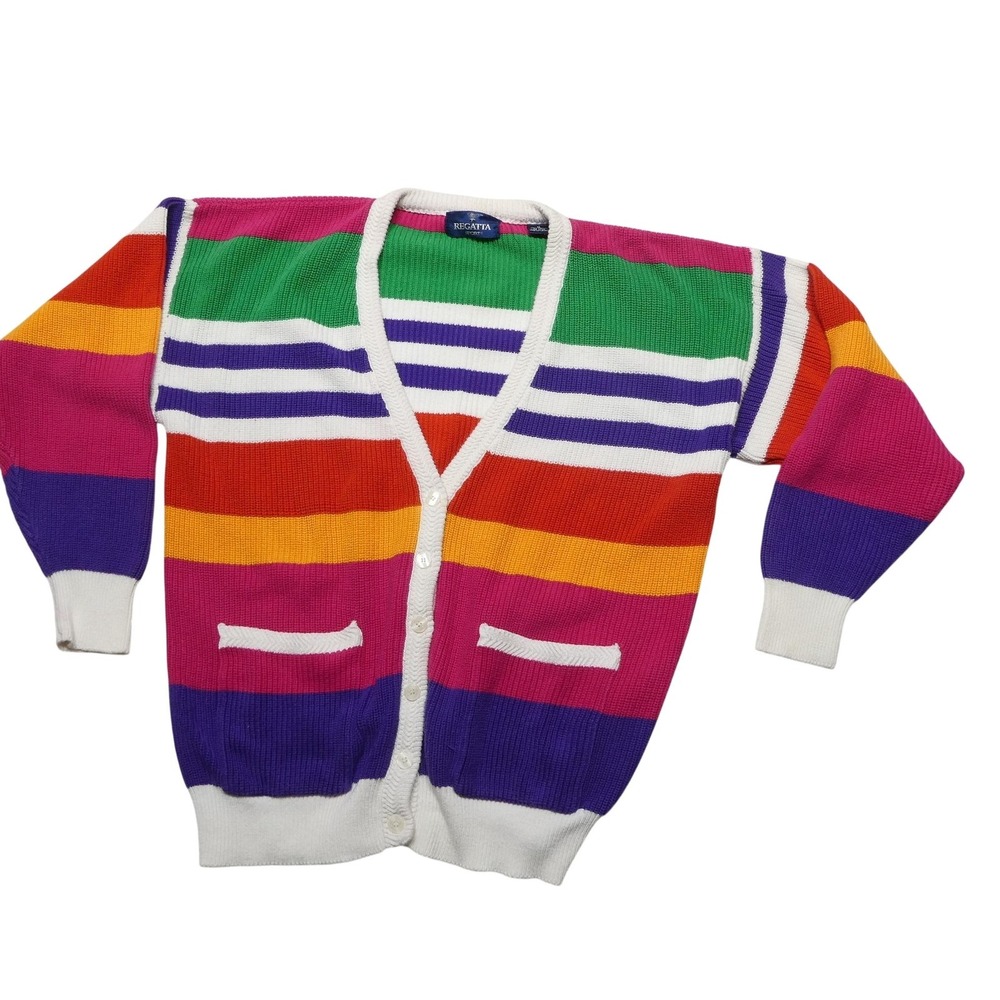 Regatta Sport Sweater Womens M Multicolor Cotton V Neck Cardigan Striped Knit